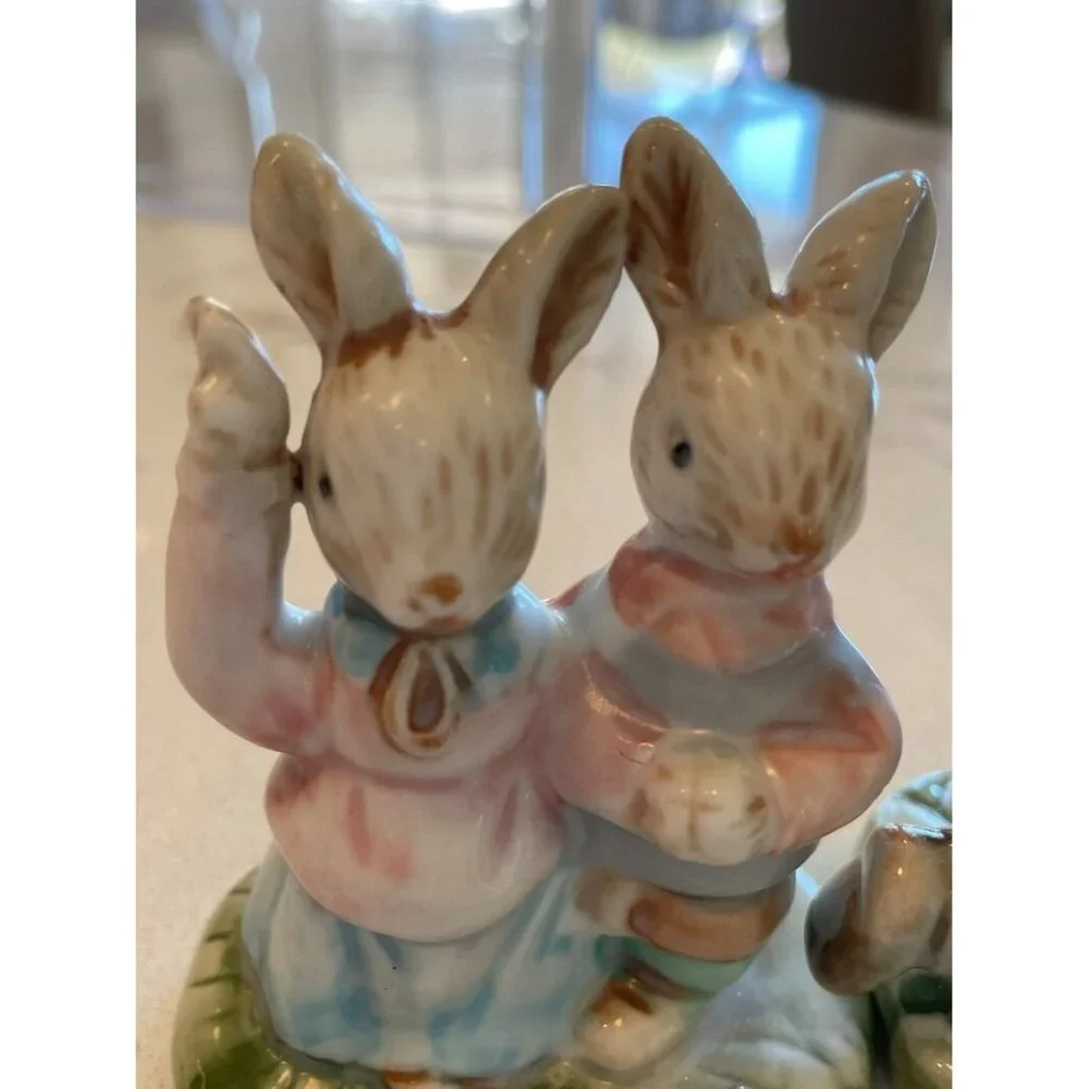 Bunny Rabbit Porcelain Figurine w/ Waving Bunny Easter Decoration Easter Bunny F